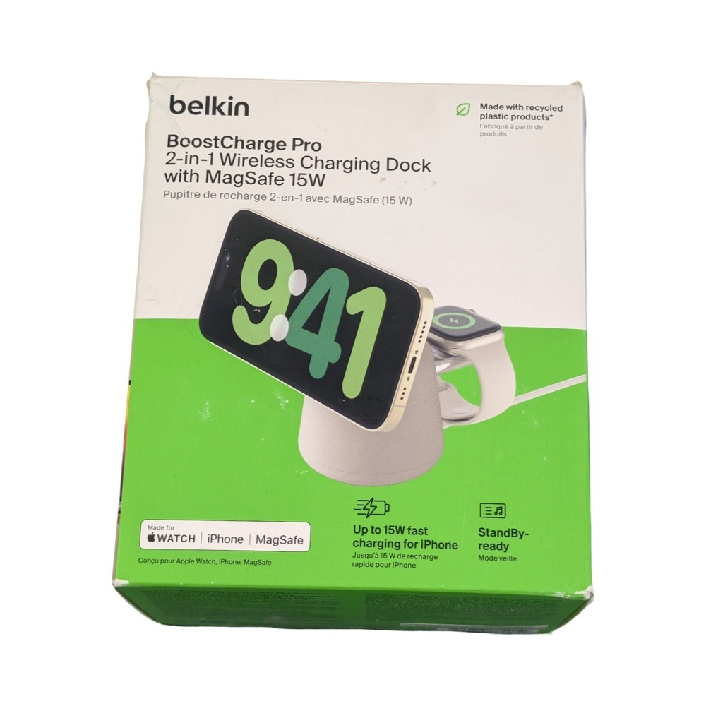 BbO Belkin BoostCharge Pro 2-in-1 Wireless Charge Dock Magsafe 15W Sand New Open